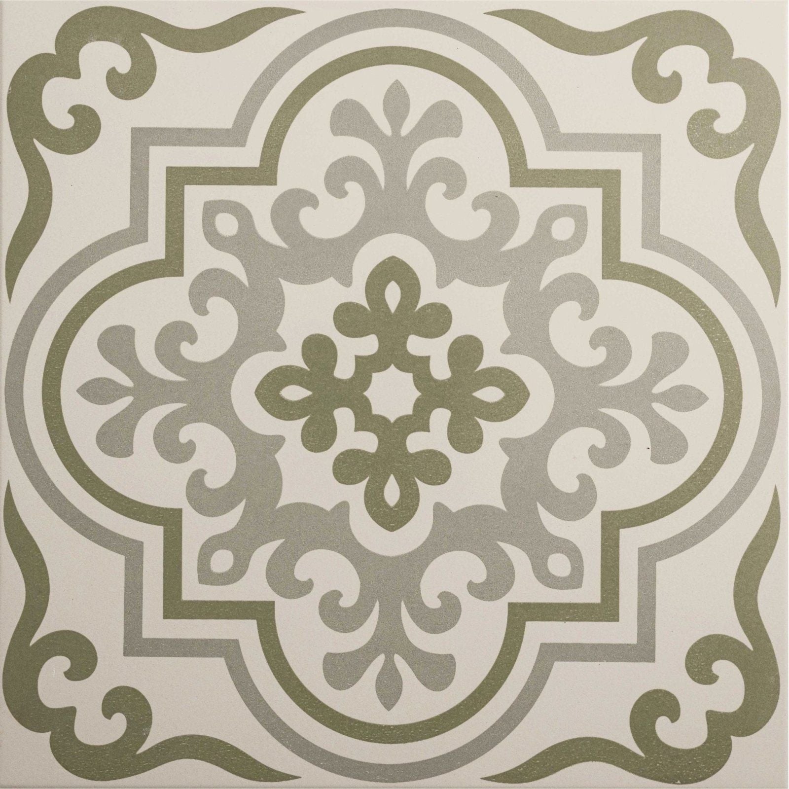 A vintage-style ceramic tile with an intricate quatrefoil pattern in muted olive and gray tones titled vogue green on chalk