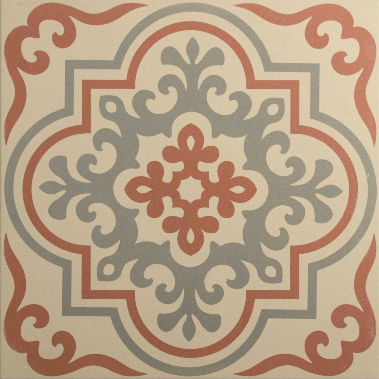 A vintage-style square tile Vogue Rose with ornate terracotta and gray floral pattern on a cream background