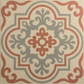 A vintage-style square tile Vogue Rose with ornate terracotta and gray floral pattern on a cream background