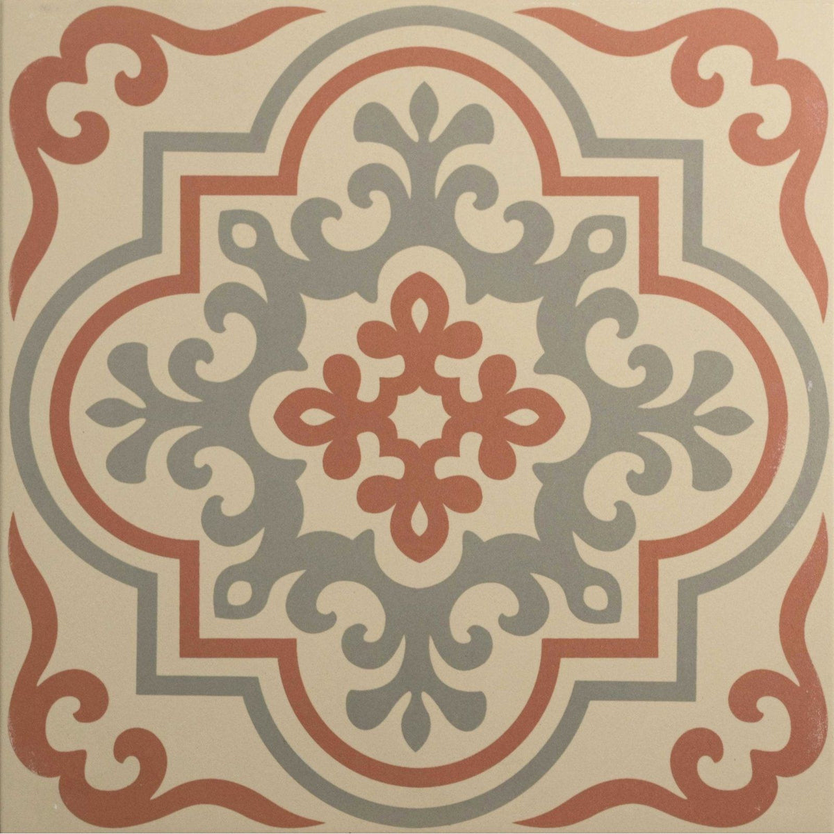 A vintage-style square tile Vogue Rose with ornate terracotta and gray floral pattern on a cream background