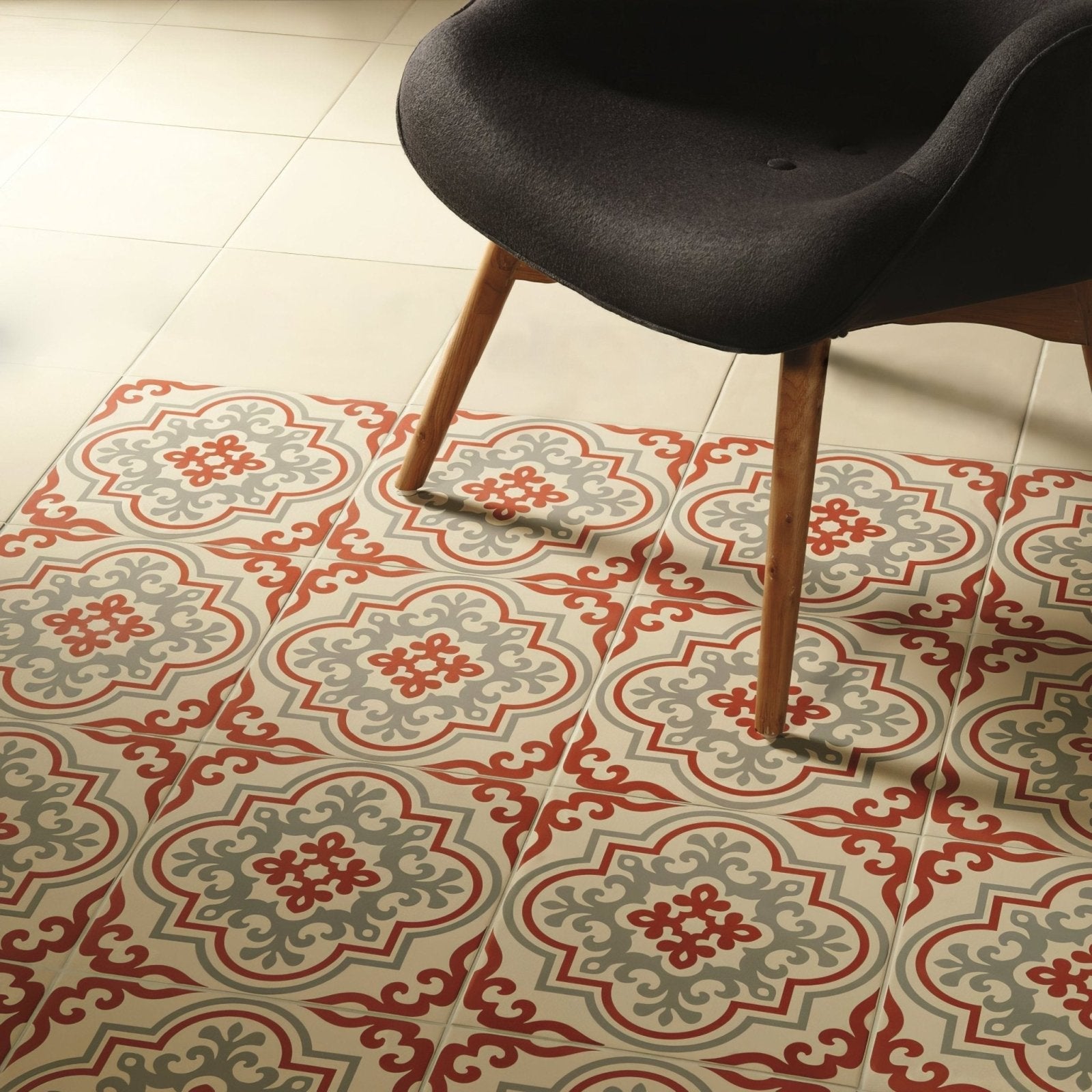 Vogue rose ceramic floor tiles in red gray and cream with ornate quatrefoil patterned design