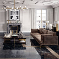 Volterra Laurent Gloss 60 x 120cm black marble-effect tiles with a brown velvet sofa