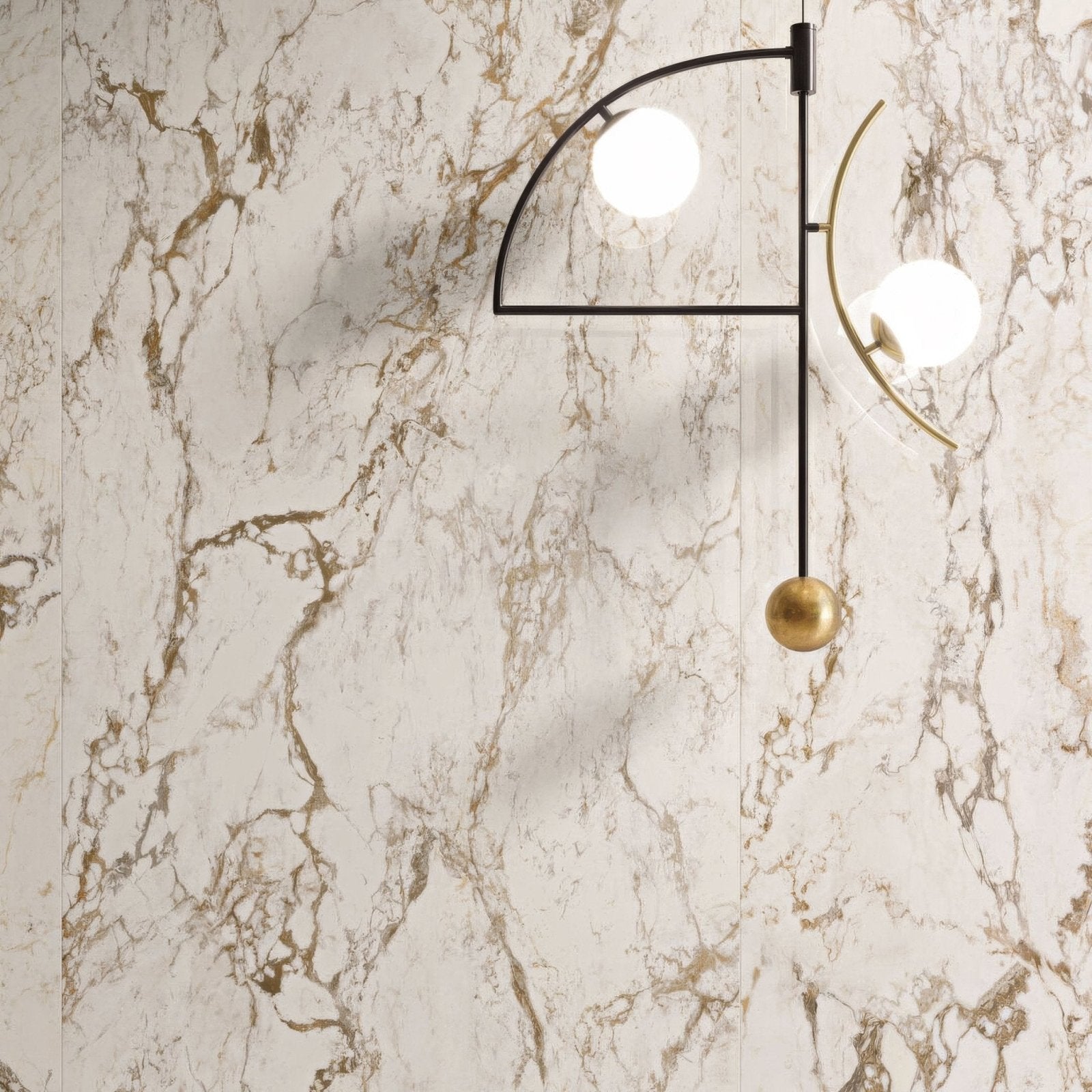 Volterra Tortona Gloss 60 x 120cm white marble-effect tiles with a pendant light