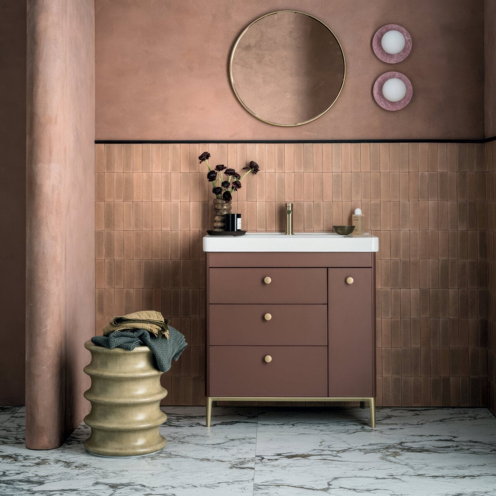 Volterra Tortona Matt 60 x 120cm white marble-effect tiles with a dusty rose vanity