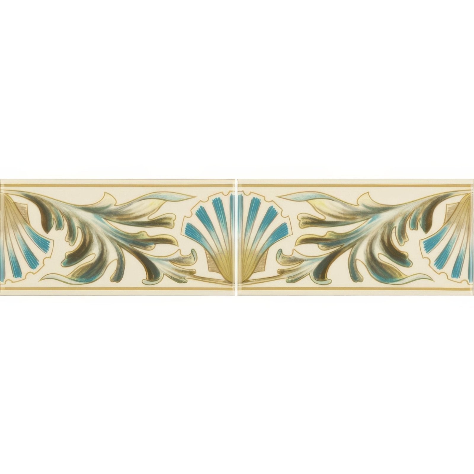 Beige ceramic tile border with symmetrical teal gold and olive green leaf and shell motifs w b simpson shell frieze set