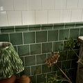 Dark green glossy ceramic subway tiles with white grout form a victorian style wall backsplash in cabbage green square