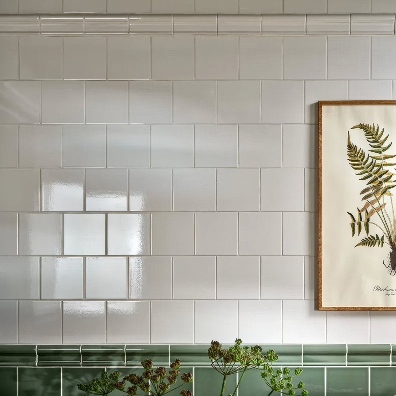 Victorian Style™ wall ceramic cotton white square tiles in a glossy subway pattern with a green tile border
