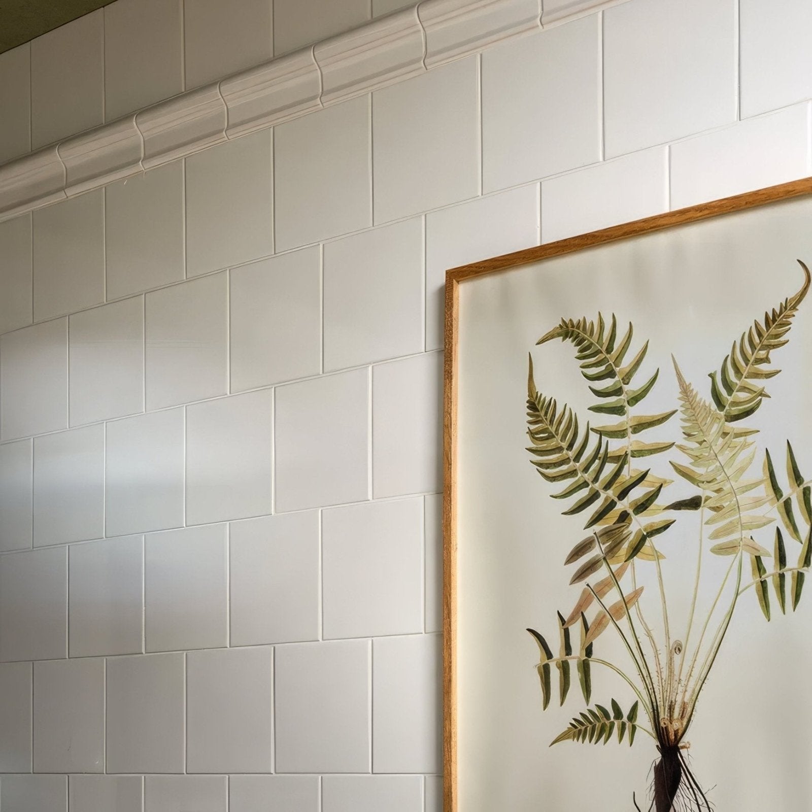 A victorian style wall ceramic cotton white square framed botanical print with detailed muted green and brown ferns in light wood frame