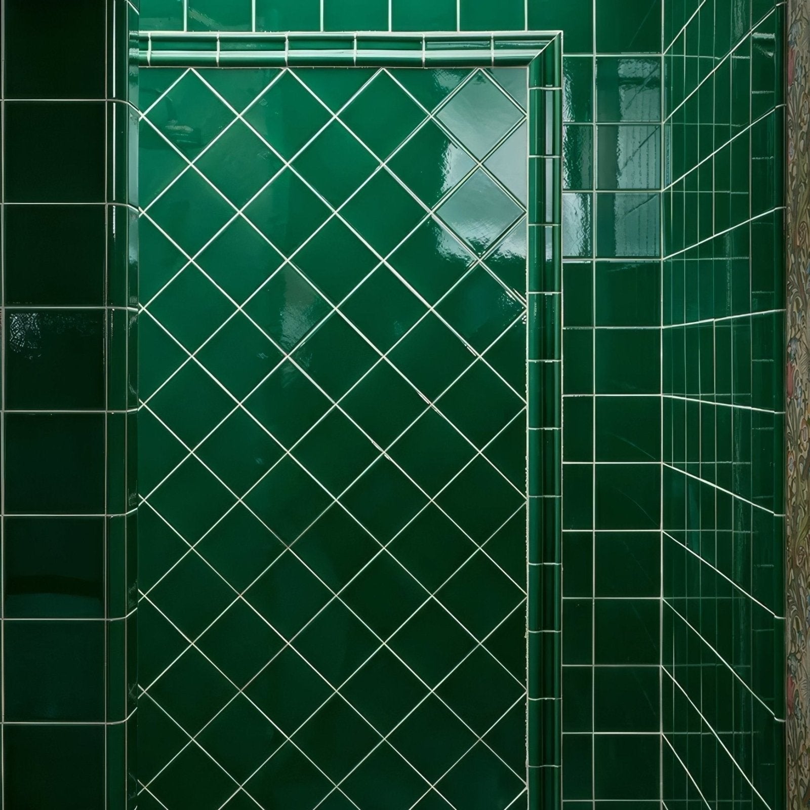 Deep emerald green glossy ceramic tiles with crackle glaze arranged in a diamond pattern with white grout lines