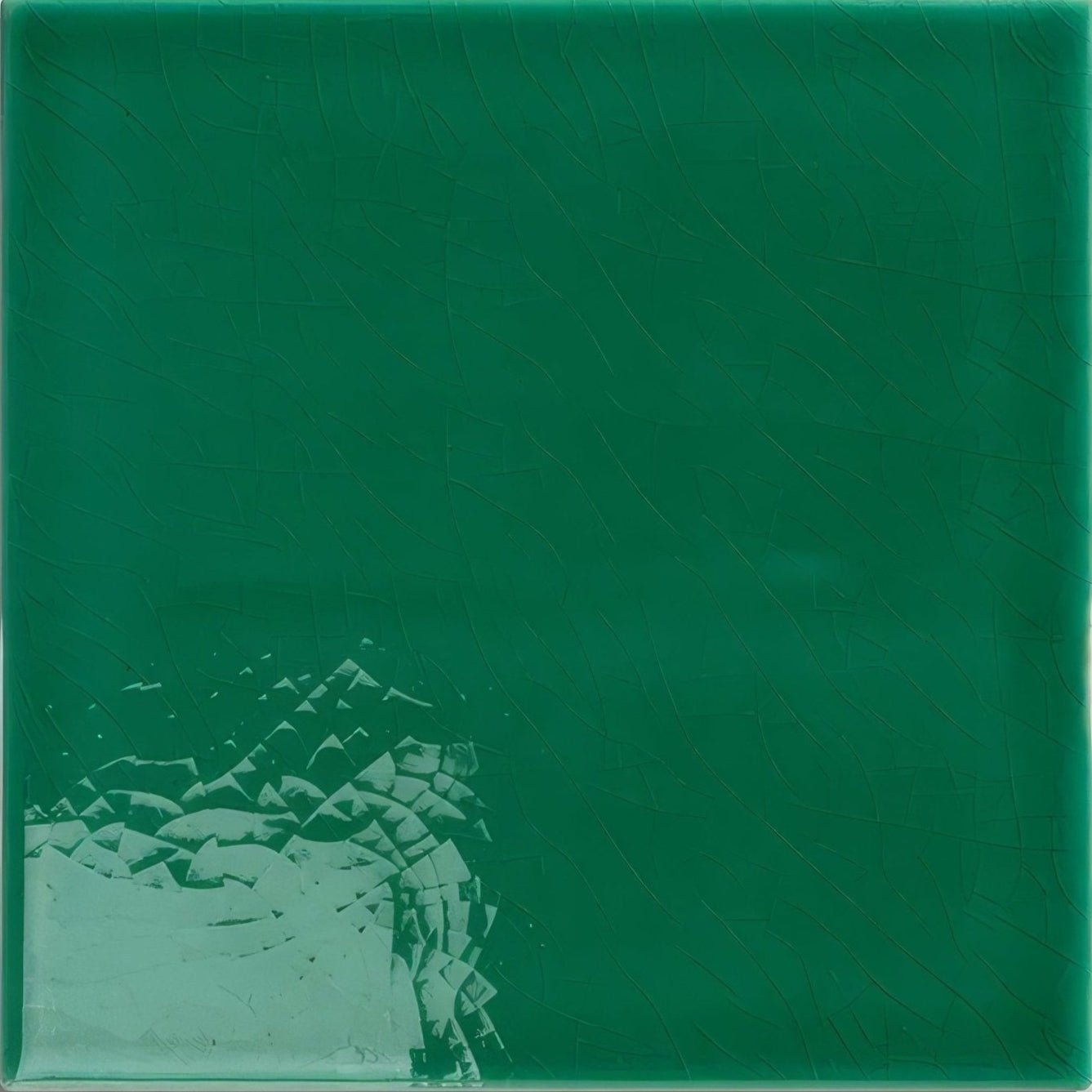Victorian Style wall ceramic emerald green square glass panel with stylized fragmented mountain silhouette design