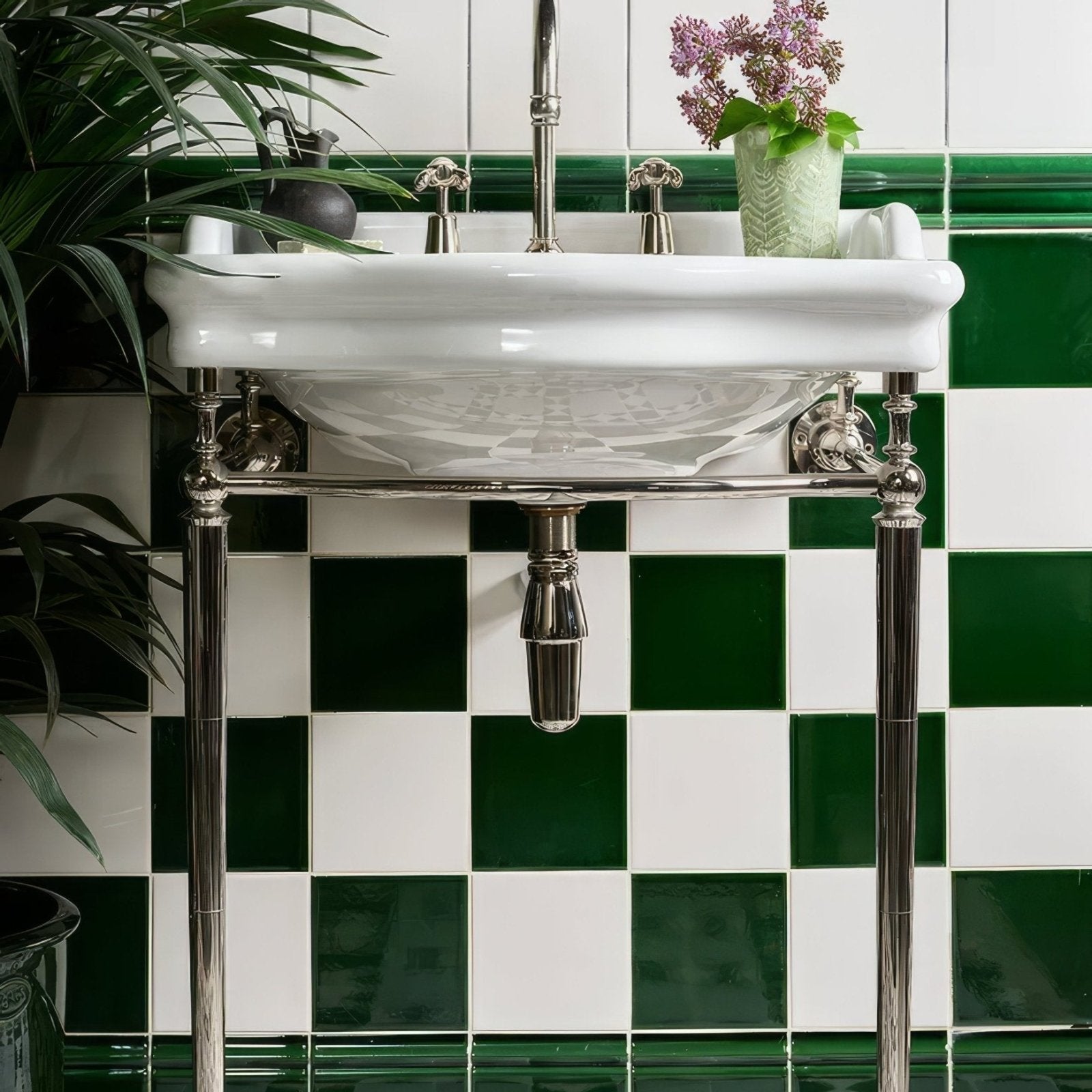 White ceramic pedestal sink with polished chrome legs and fixtures in victorian style wall ceramic olive green crackle glaze