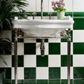 White ceramic pedestal sink with polished chrome legs and fixtures in victorian style wall ceramic olive green crackle glaze