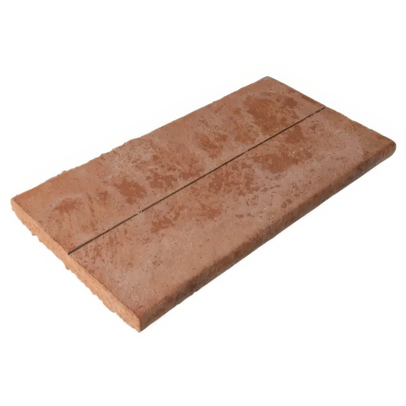 Rectangular wansdyke external terracotta tile with textured earthy reddish brown surface and visible mortar line dividing two sections