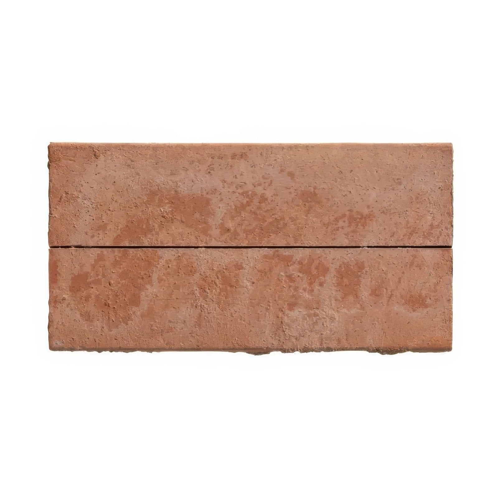 Two stacked terracotta colored wansdyke external textured rectangular tiles with a rustic surface