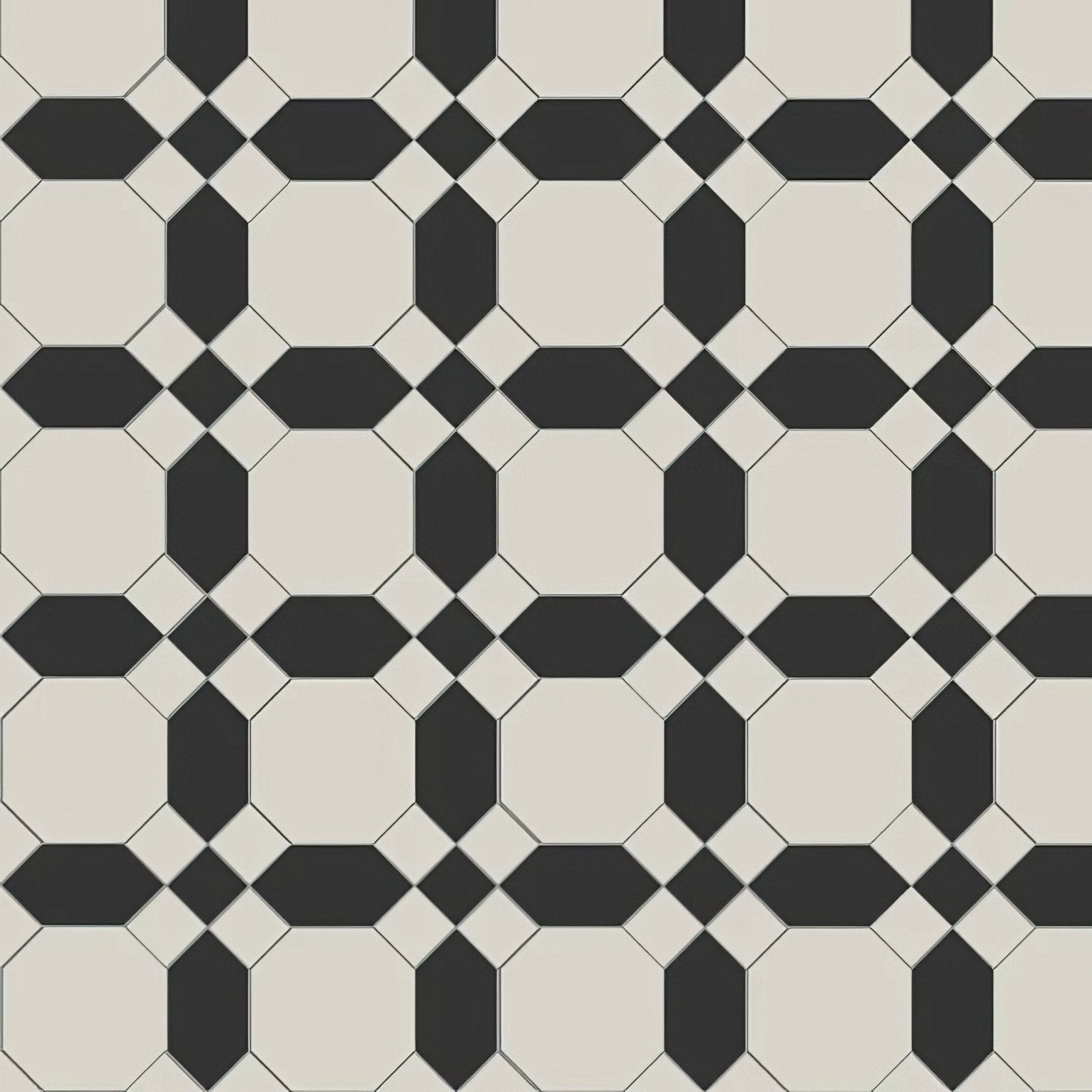 Warwick black and dover white vintage-style floor tile with black and cream geometric repeating pattern