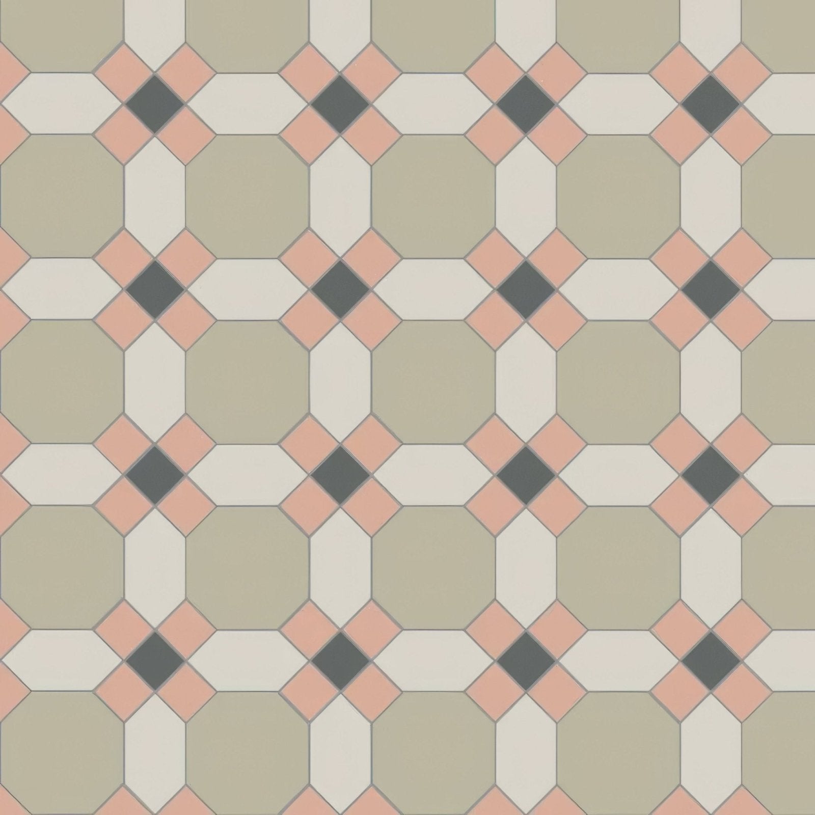 Geometric patterned floor tile featuring muted sage green octagons peach diamond accents and dark gray centers in warwick carnation pink chester mews dover white and revival grey