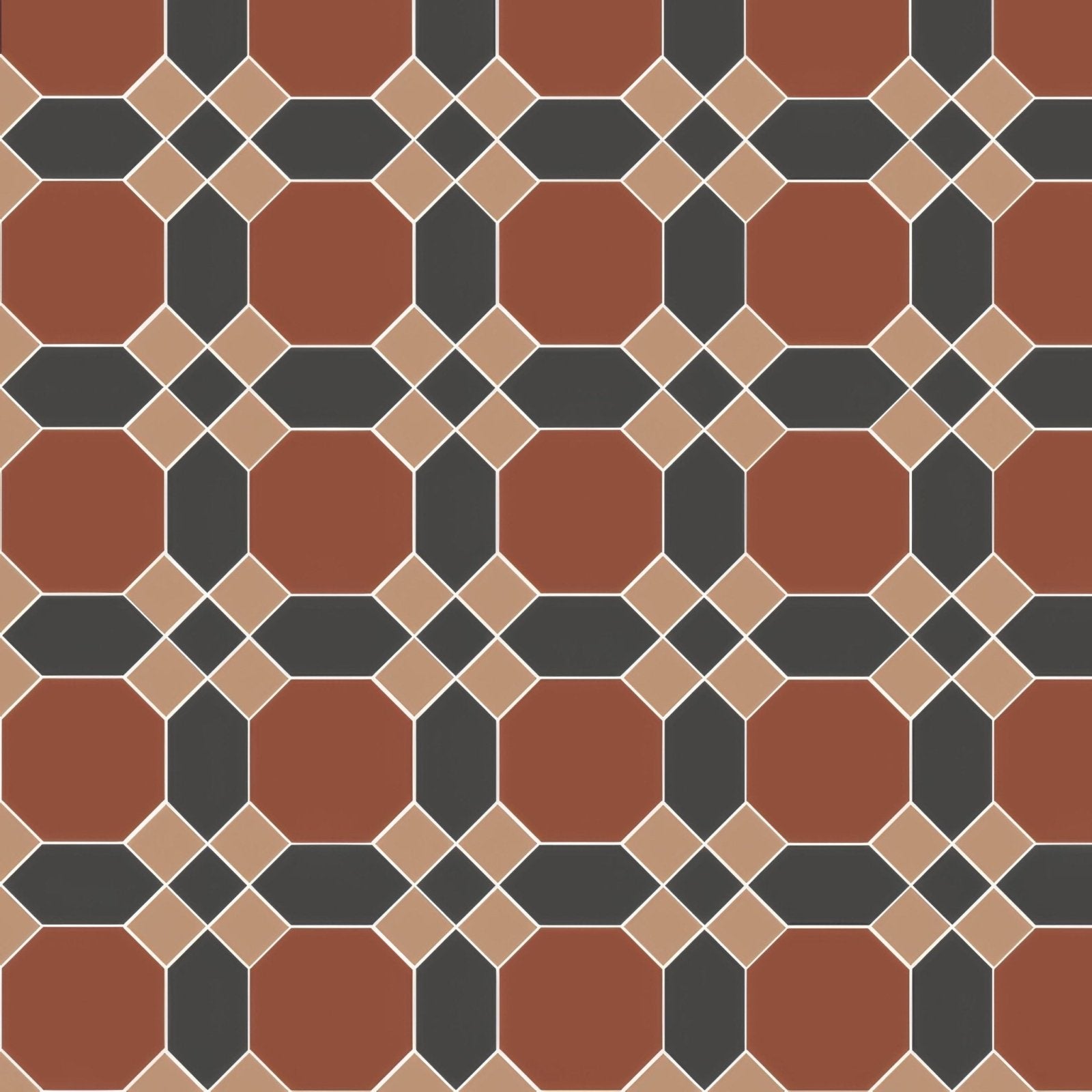 Warwick red buff and black terracotta and black geometric patterned floor tile with beige accents