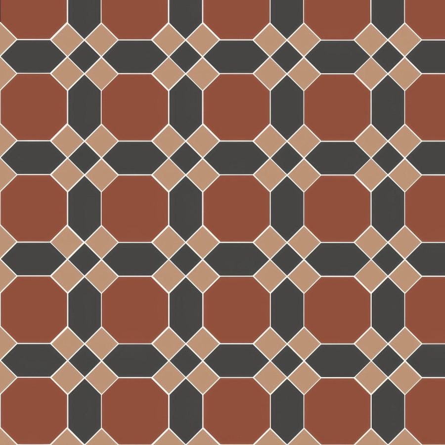 Warwick red buff and black terracotta and black geometric patterned floor tile with beige accents