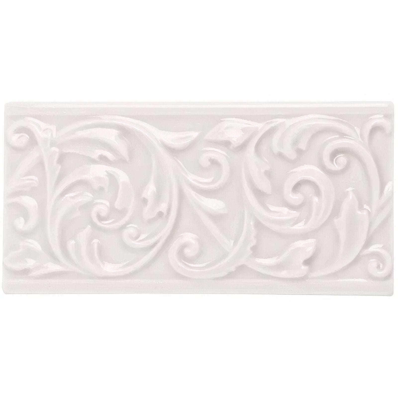 White ceramic tile waveney buckingham with raised ornate scrollwork design for decorative wall use