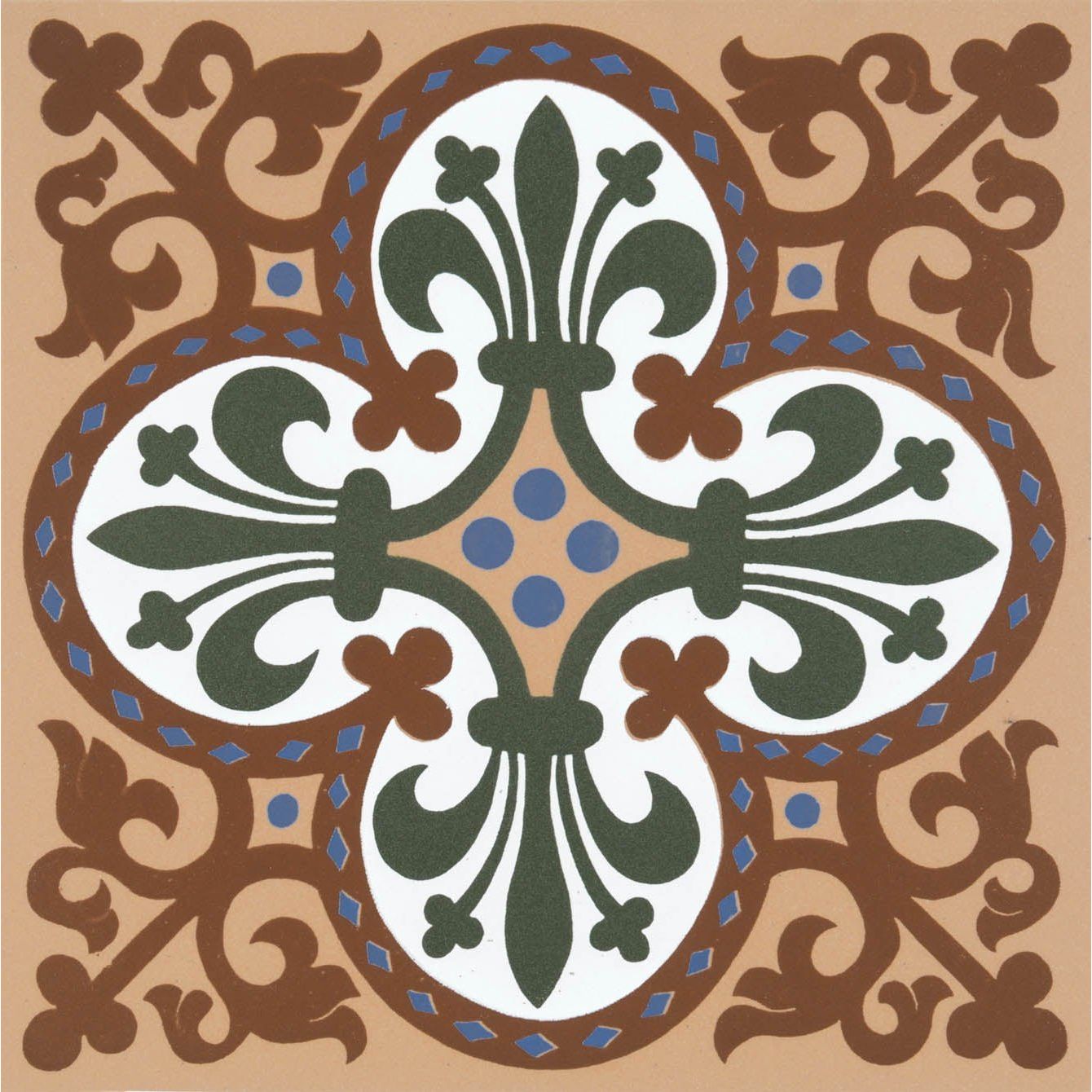 A square ceramic tile wellesley green red with four green fleur-de-lis on white, brown scrollwork, and blue dot accents
