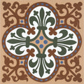 A square ceramic tile wellesley green red with four green fleur-de-lis on white, brown scrollwork, and blue dot accents