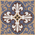 A square ceramic tile named wellesley white blue featuring symmetrical white fleur-de-lis on brown and blue backgrounds