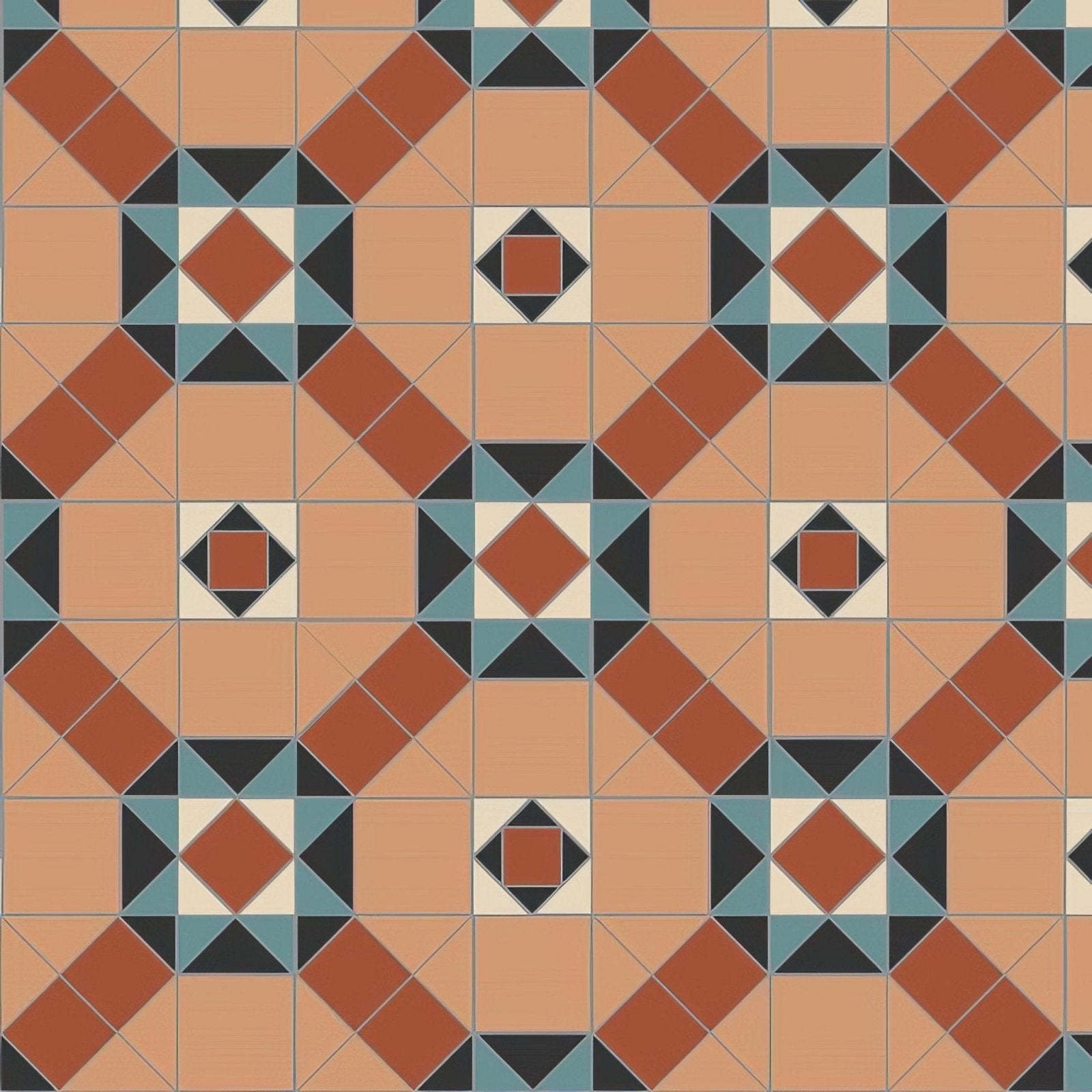 Westminster black blue buff red and white terracotta and teal geometric patterned floor tiles with black and cream accents