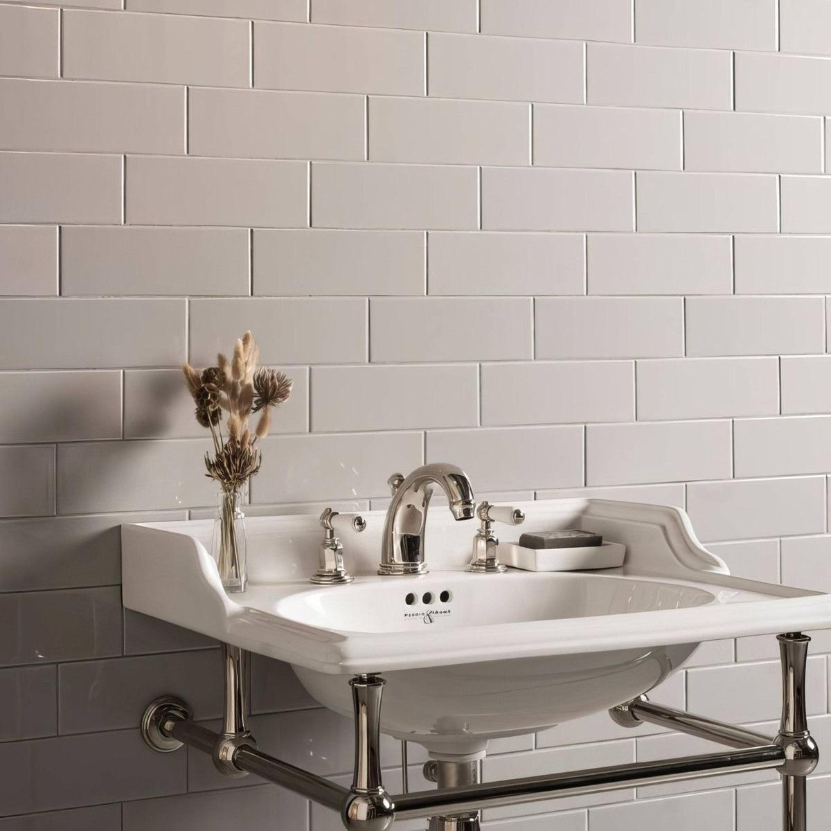 White ceramic wall-mounted sink with chrome fixtures and towel rack in westminster grey large brick setting