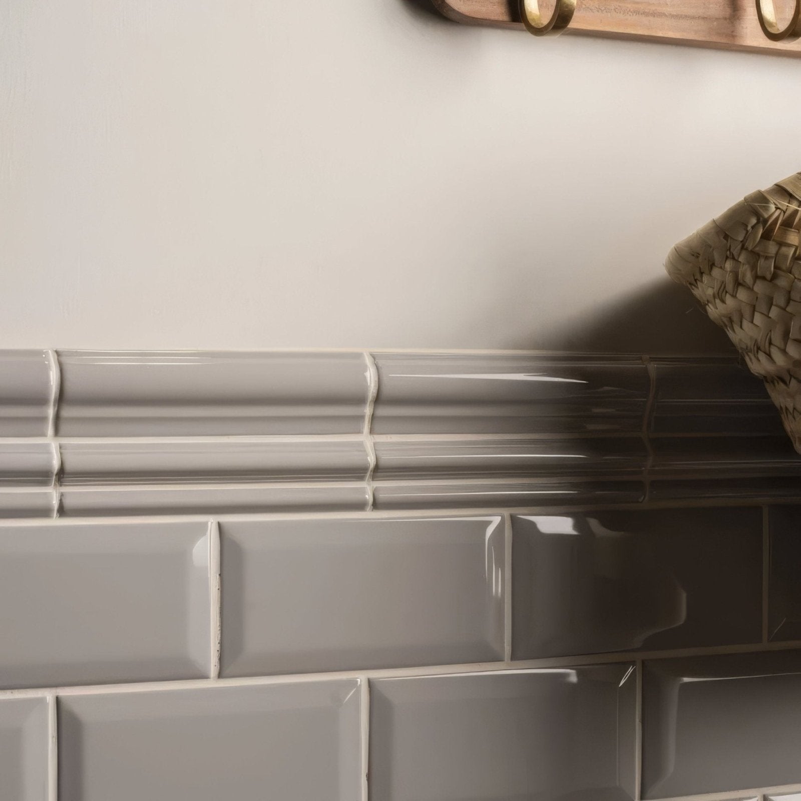 Westminster grey metro bevelled tile showing gray glossy subway tiles with subtle ribbed texture and white grout lines