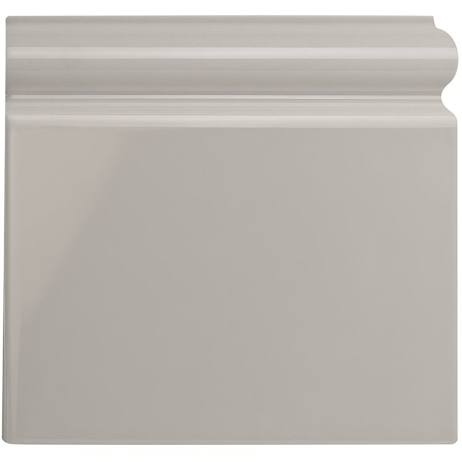 Gray glossy ceramic baseboard with classic slightly curved profile shown from front for Westminster grey skirting right