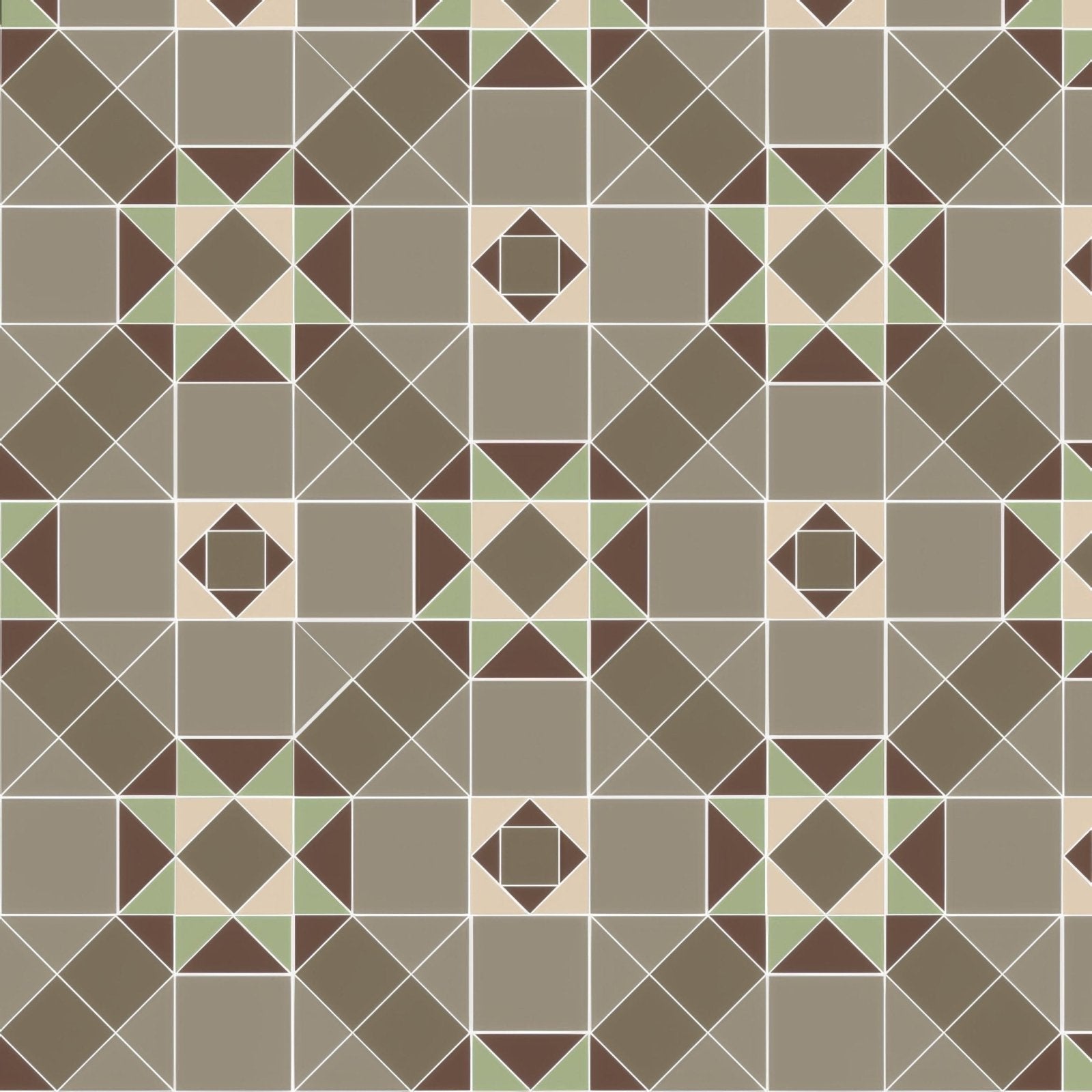 Geometric patterned tile with interlocking diamonds in shades of brown beige and muted green from Westminster Spring Green and Holkham Dune