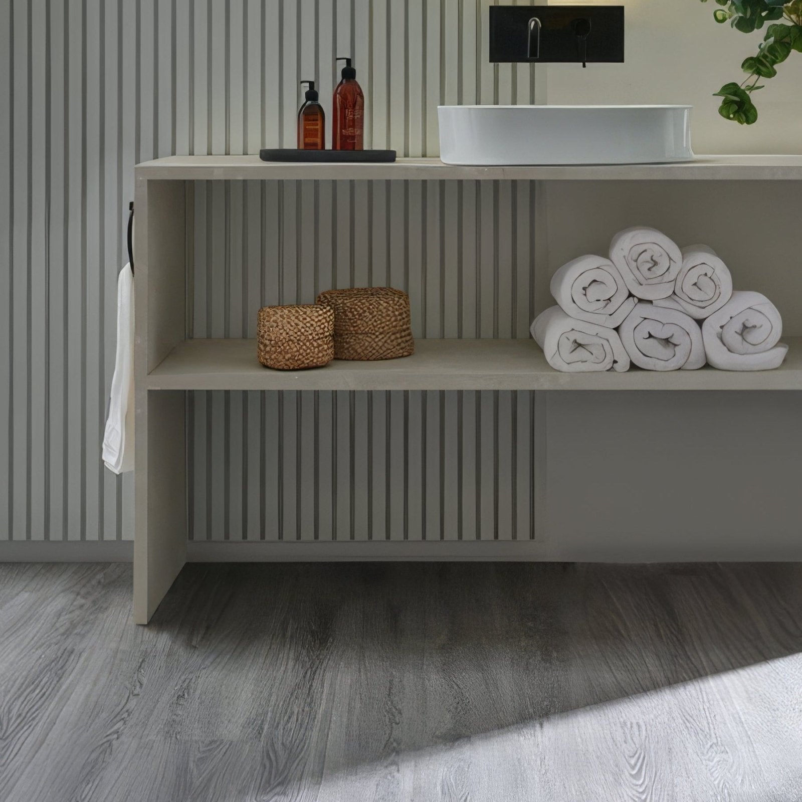 White ceramic vessel sink with sleek modern design mounted on minimalist echo oak vanity titled Weymouth