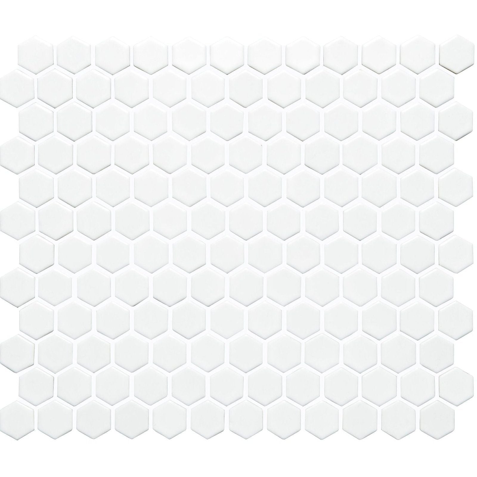 White honeycomb floor mosaic featuring smooth glossy white hexagonal ceramic tiles for stylish flooring