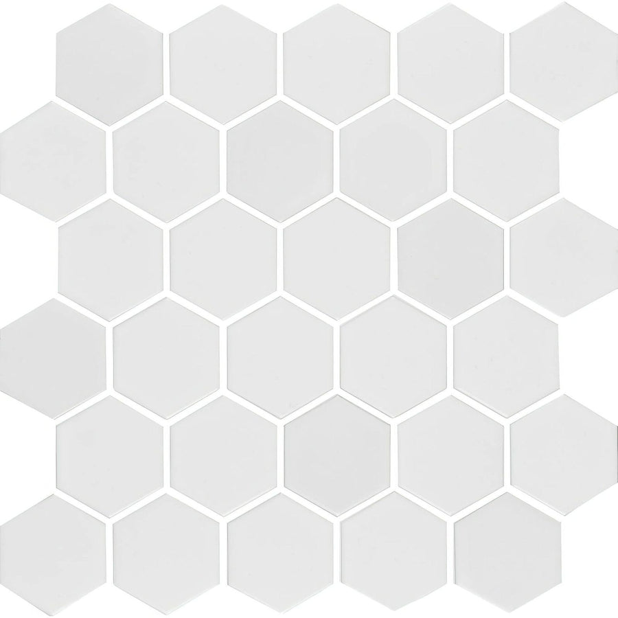 White large honeycomb floor mosaic featuring smooth glossy white hexagonal tiles for stylish flooring designs