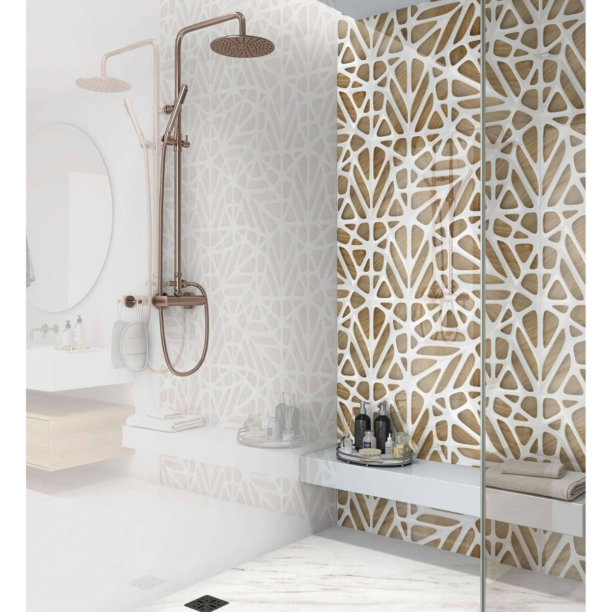 Bronze-finished showerhead with modern design mounted on adjustable hose on white lattice tiles wooden shower panel