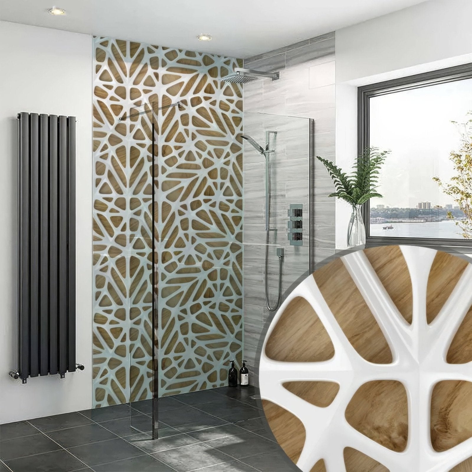 White lattice tiles wooden shower panel with geometric white and wood-toned lattice design for modern bathrooms