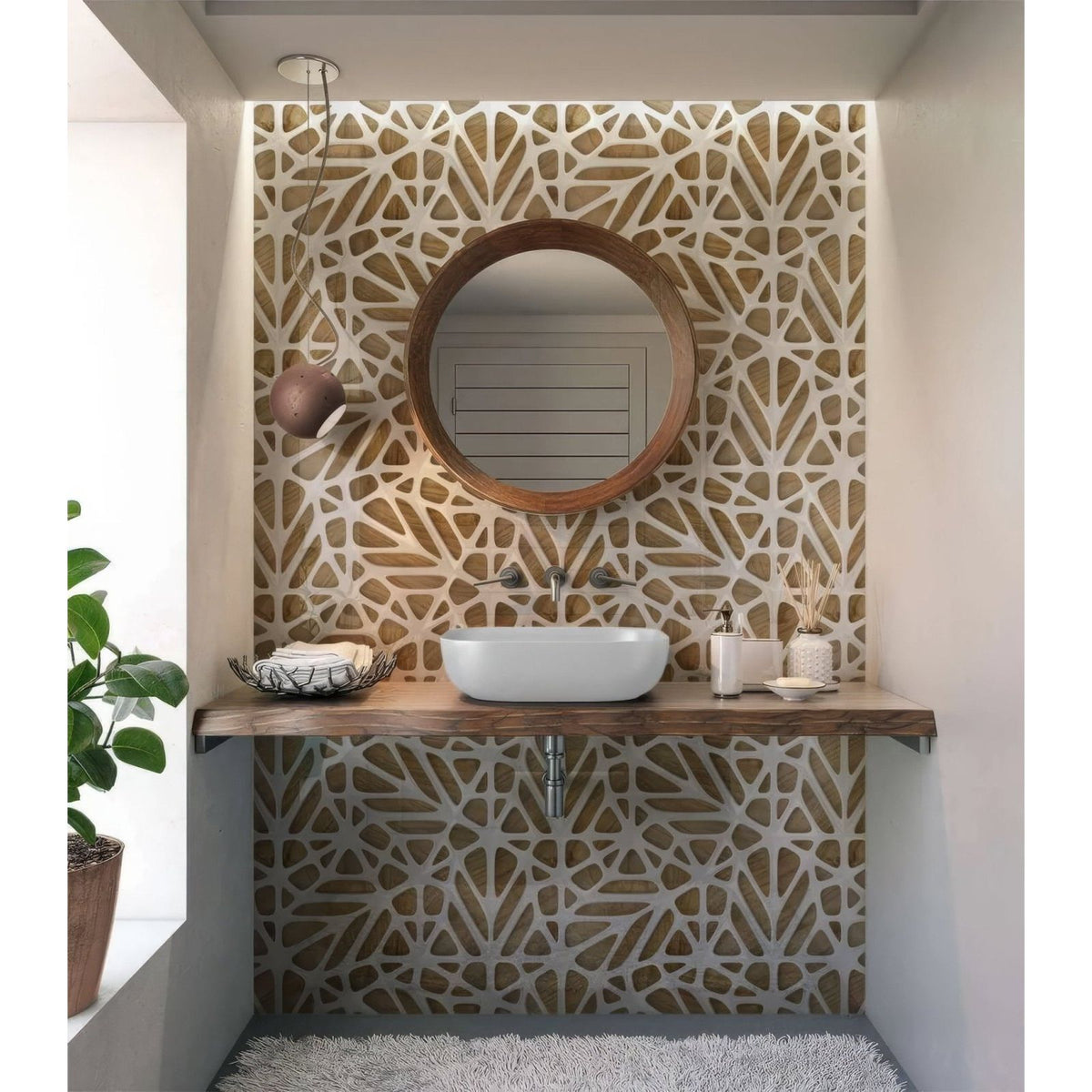 Round wooden-framed mirror against white lattice tiles wooden shower panel with geometric wall pattern