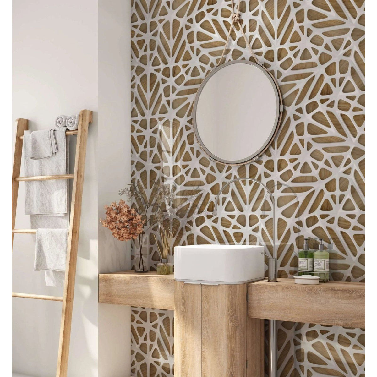 White ceramic vessel sink with sleek modern design mounted on light wood vanity for white lattice tiles wooden shower panel