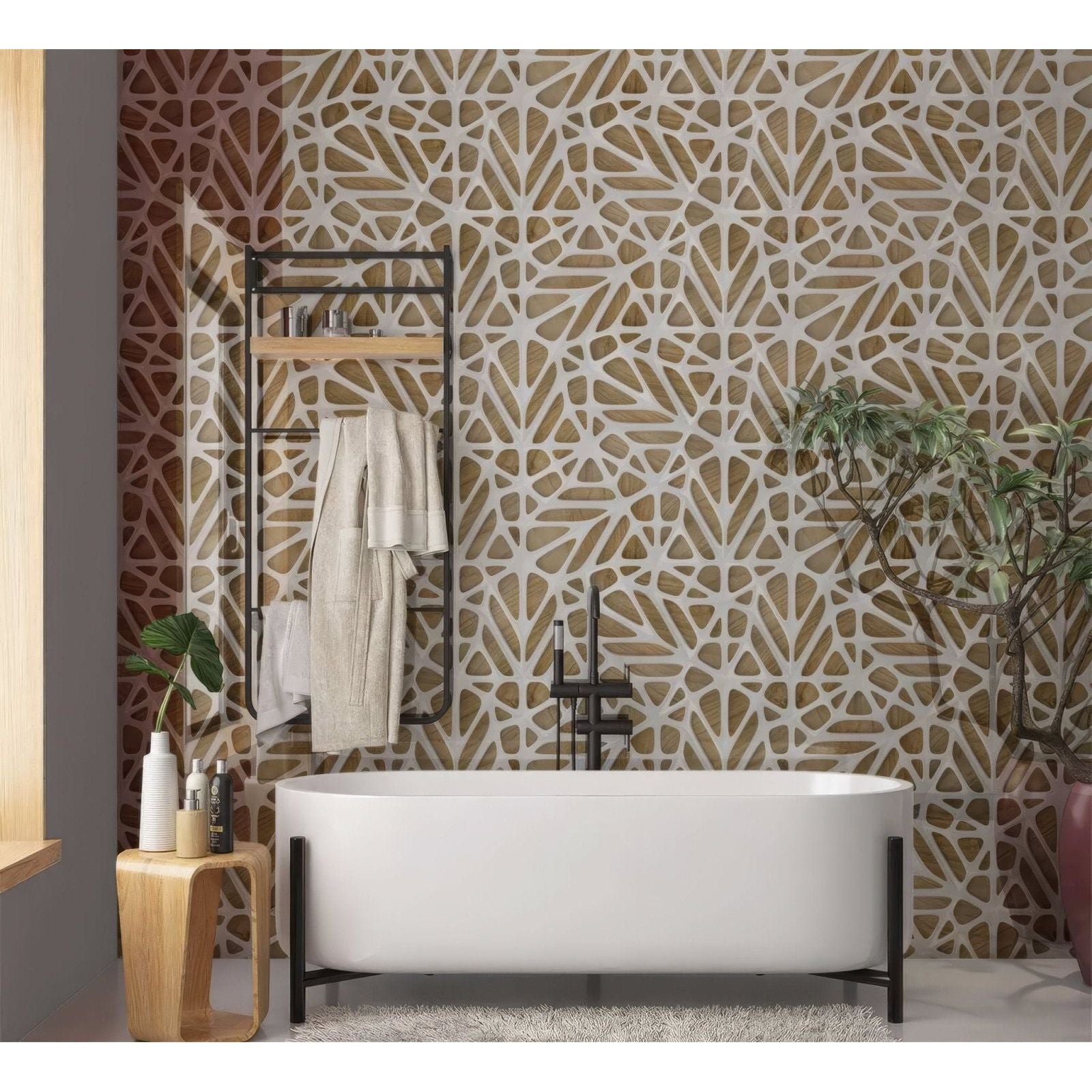Modern freestanding white bathtub with sleek black metal legs and minimalist faucet next to white lattice tiles wooden shower panel