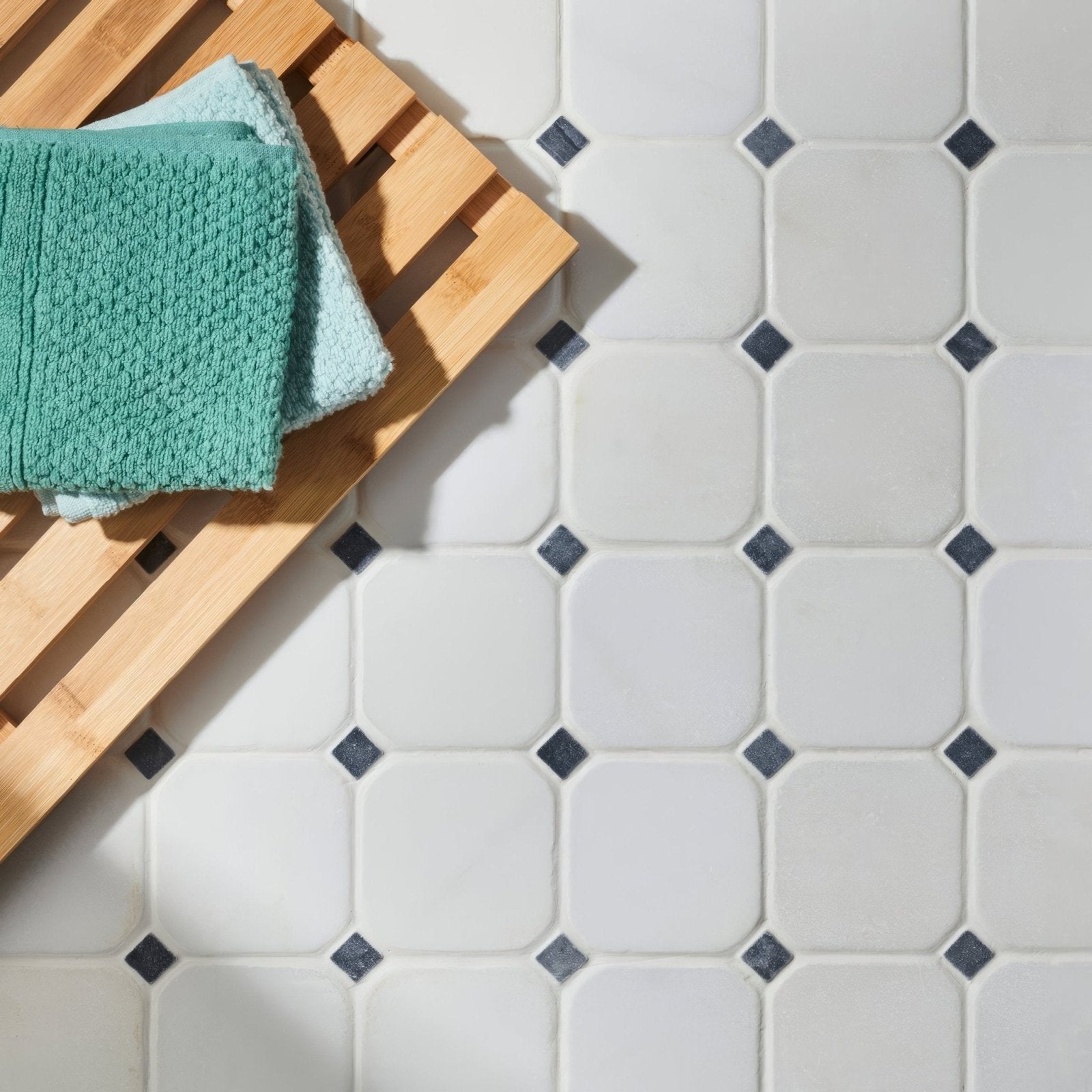White octagon 10 venetian mosaic floor tiles featuring white octagonal shapes with black diamond accents in a modern design