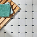 White octagon 10 venetian mosaic floor tiles featuring white octagonal shapes with black diamond accents in a modern design
