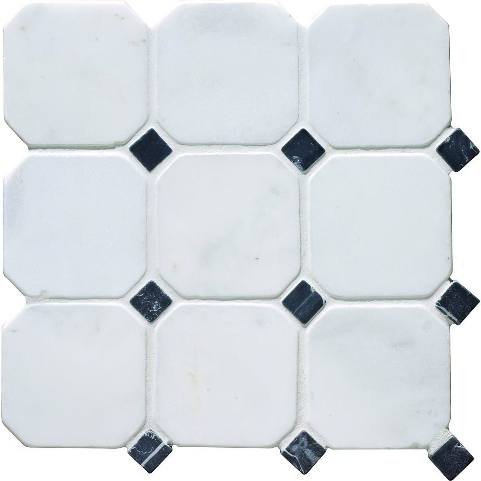 White octagon 10 venetian mosaic tile featuring white octagonal marble with black diamond-shaped accents