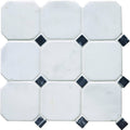 White octagon 10 venetian mosaic tile featuring white octagonal marble with black diamond-shaped accents