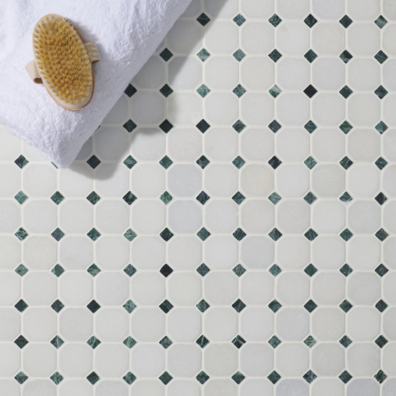 White octagon 4.8 venetian mosaics featuring white and green diamond patterned mosaic tile floor design