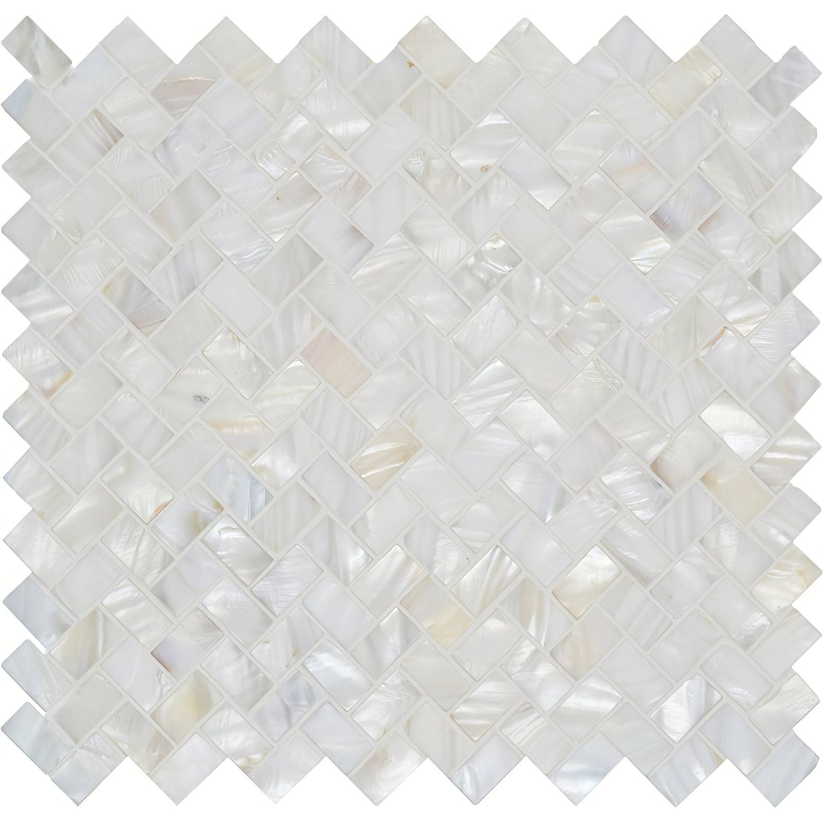 White pearl herringbone shell mosaic tile with white mother of pearl and subtle iridescent sheen in elegant pattern