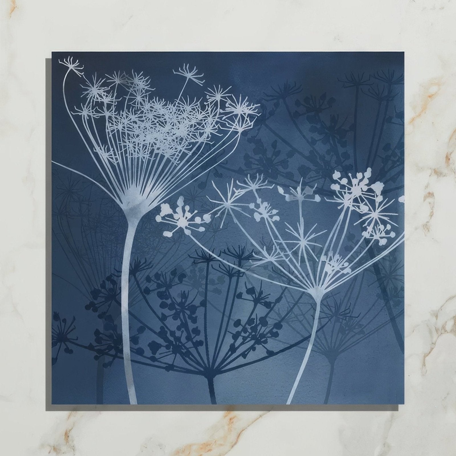 Wild Botanicals Porcelain Blue By Clarissa Hulse dark blue porcelain tile with white flowering plant silhouettes