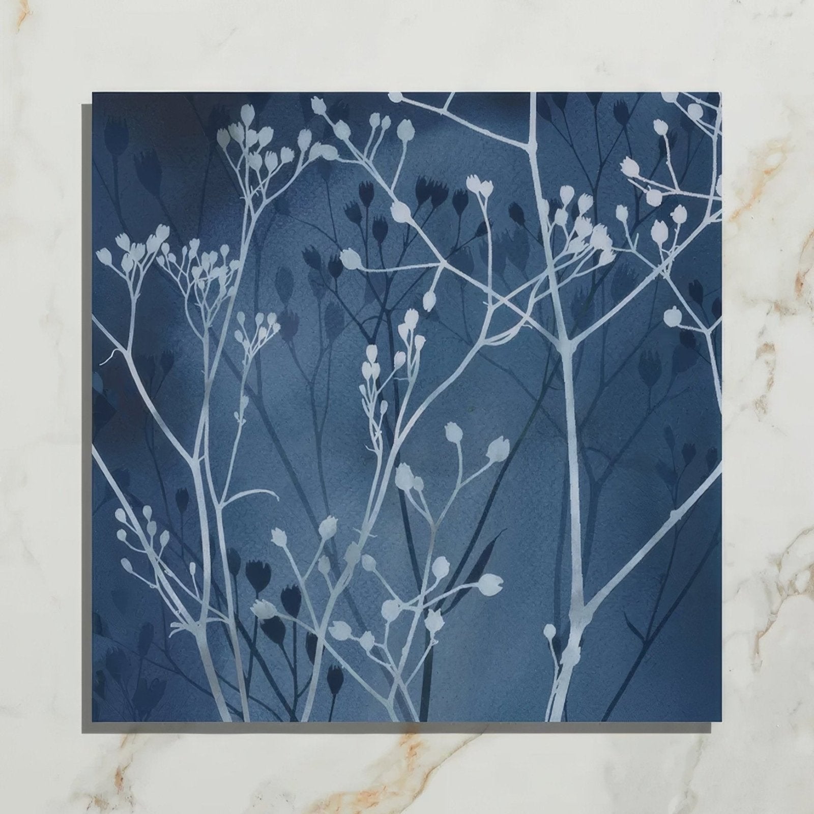 Wild Botanicals Porcelain Blue By Clarissa Hulse dark blue porcelain tile with white flowering branch silhouettes