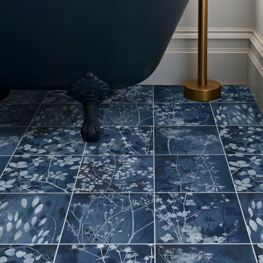 Wild Botanicals Porcelain Blue By Clarissa Hulse shown as flooring