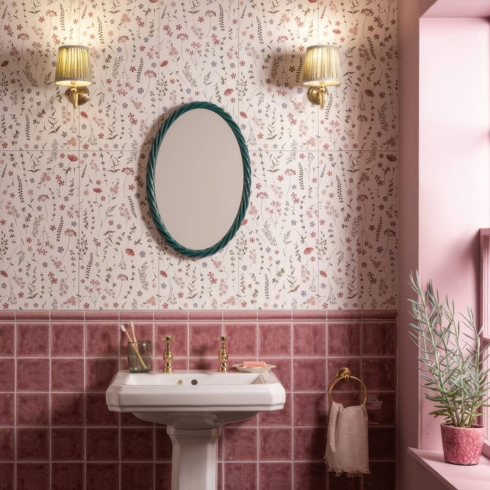 Oval mirror wildflower rose 60x30cm with textured teal frame perfect for decorative wall use