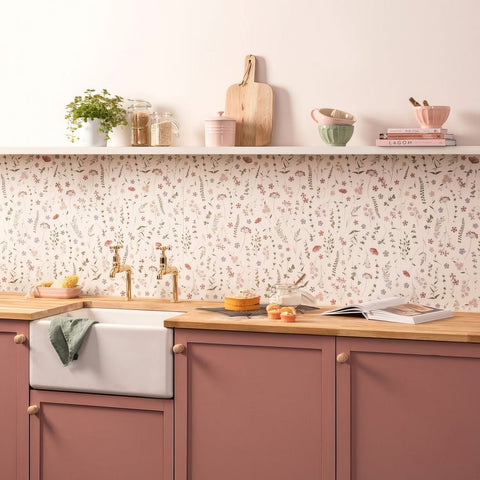 Wildflower rose 60x30cm pink kitchen cabinets with wooden countertops and a white farmhouse sink